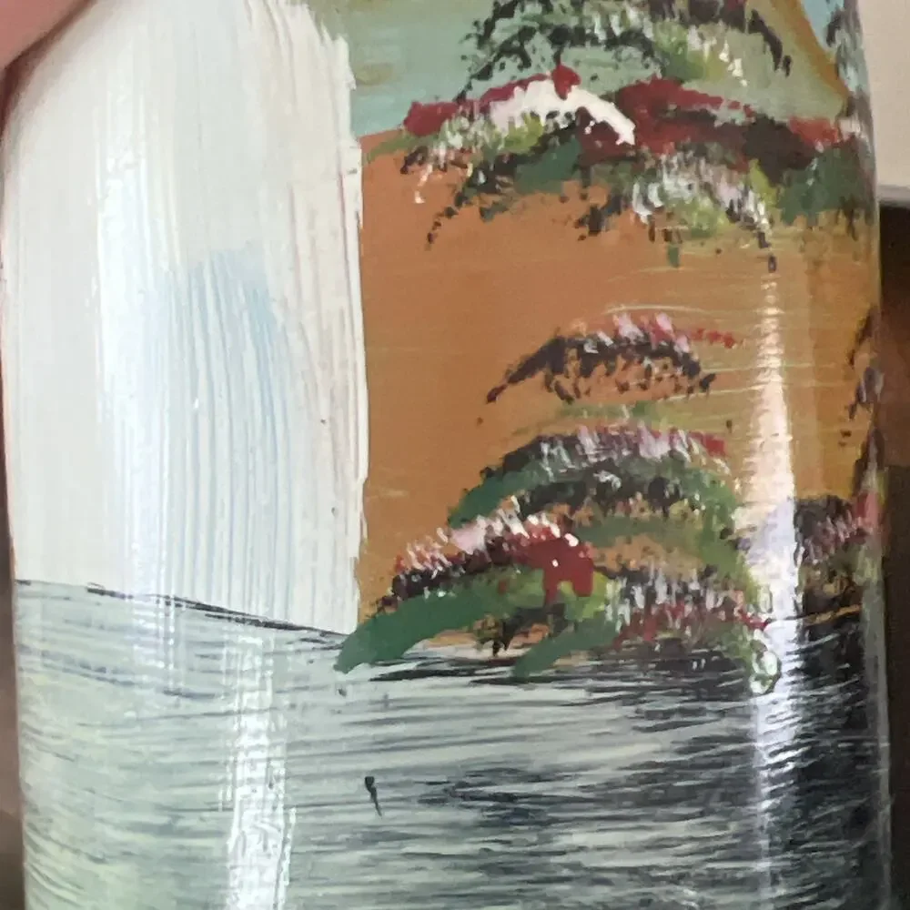 Hand Painted Glass Decorative Bottle Landscape Design Light Blue Green Bohemian